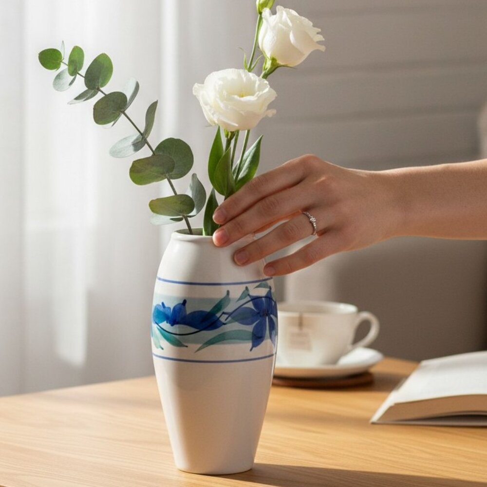 Tropical Serenity: Handcrafted VTG Art Pottery Vase with Blue and Green Florals